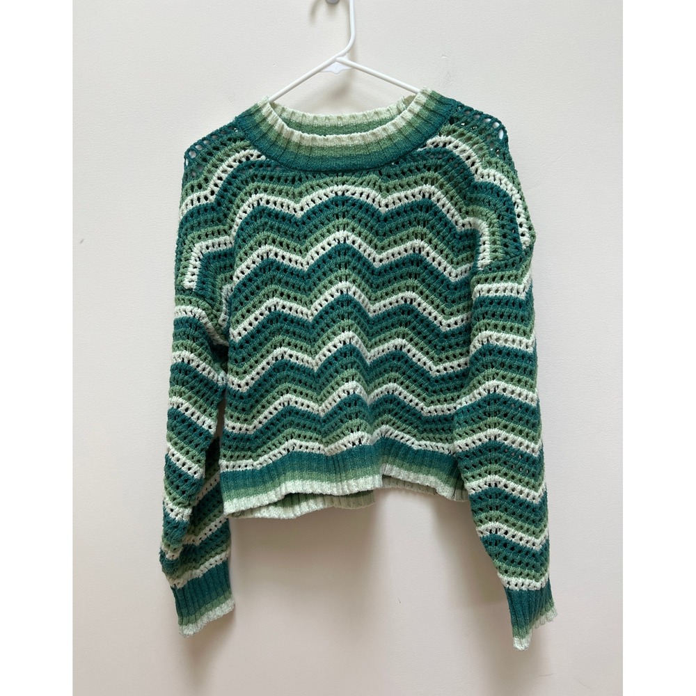 Pink Rose Sweater Womens Large Green Chevron Crochet Knit Long Sleeve Cropped